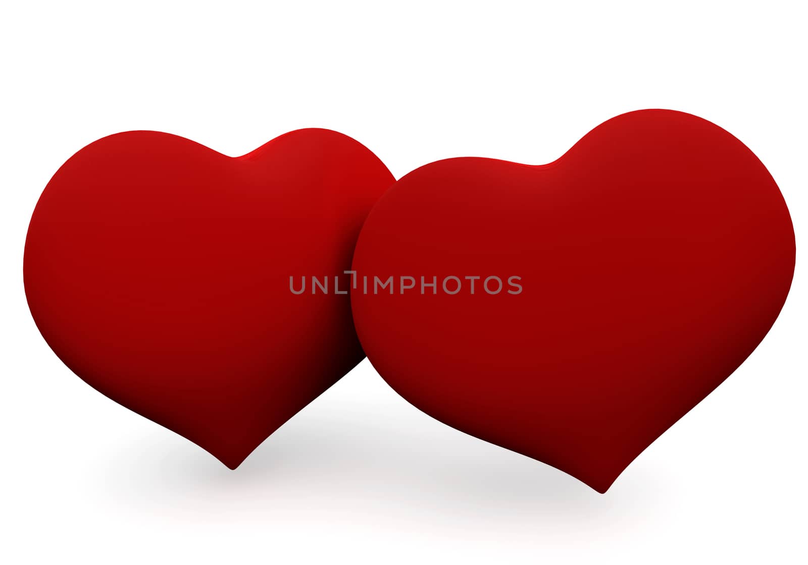 Two big red hearts isolated on white. 3D love concepts.