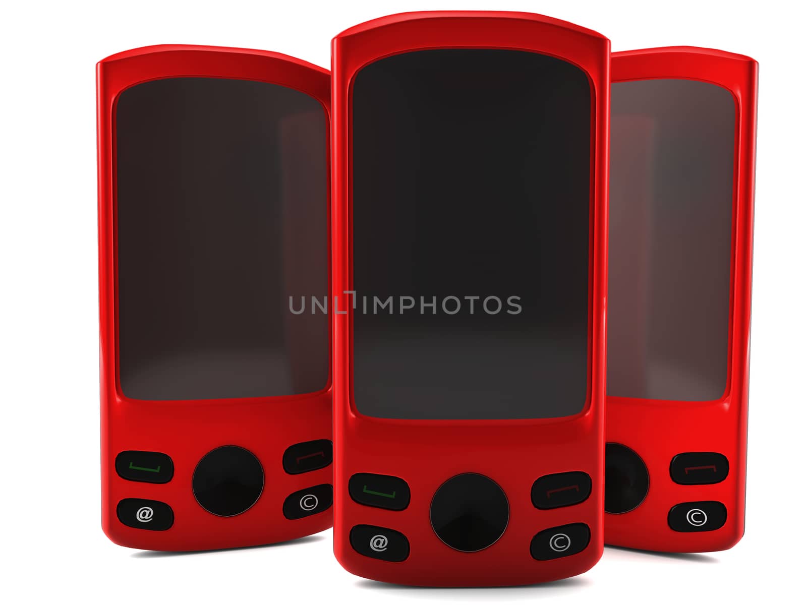 A 3D render of  red cell phones isolated on white