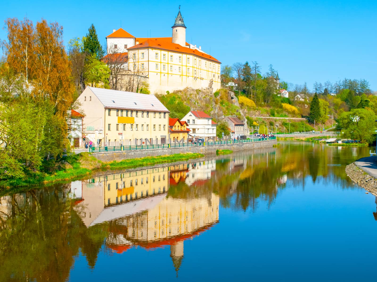Medieval Castle Ledec nad Sazavou. Reflection in Sazava River, Czech Republic.