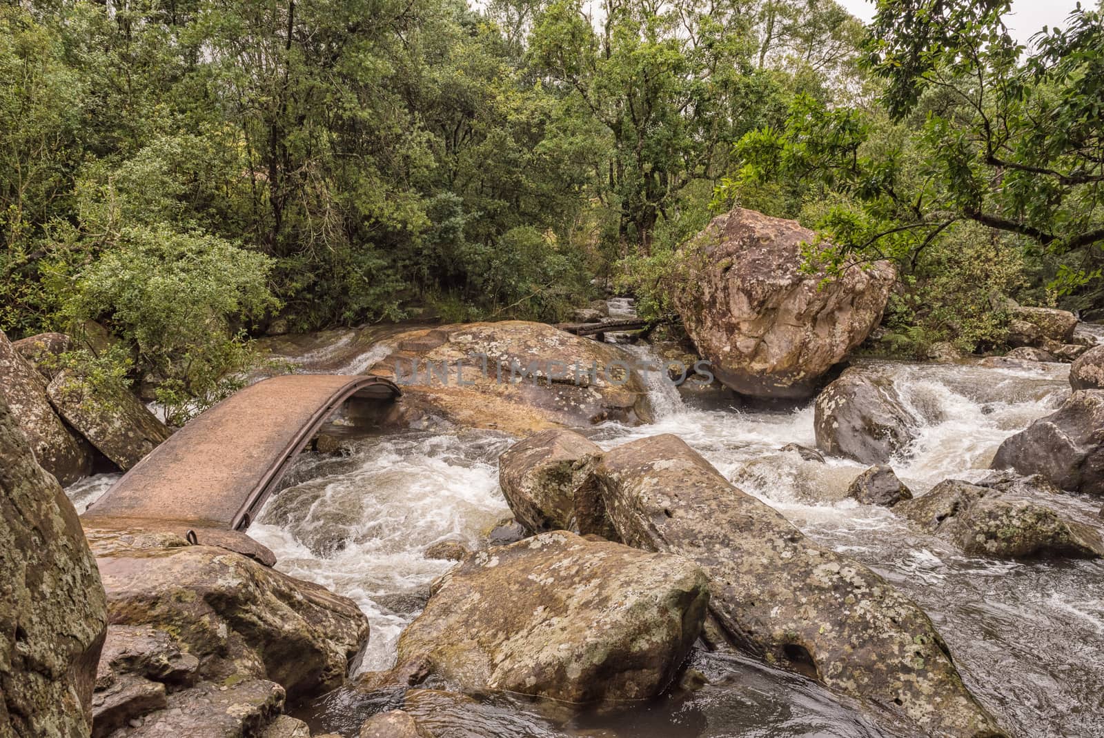 Two pedestrian bridges on the trail to the Cascades in the Mahai River in the Kwazulu-Natal Drakensberg