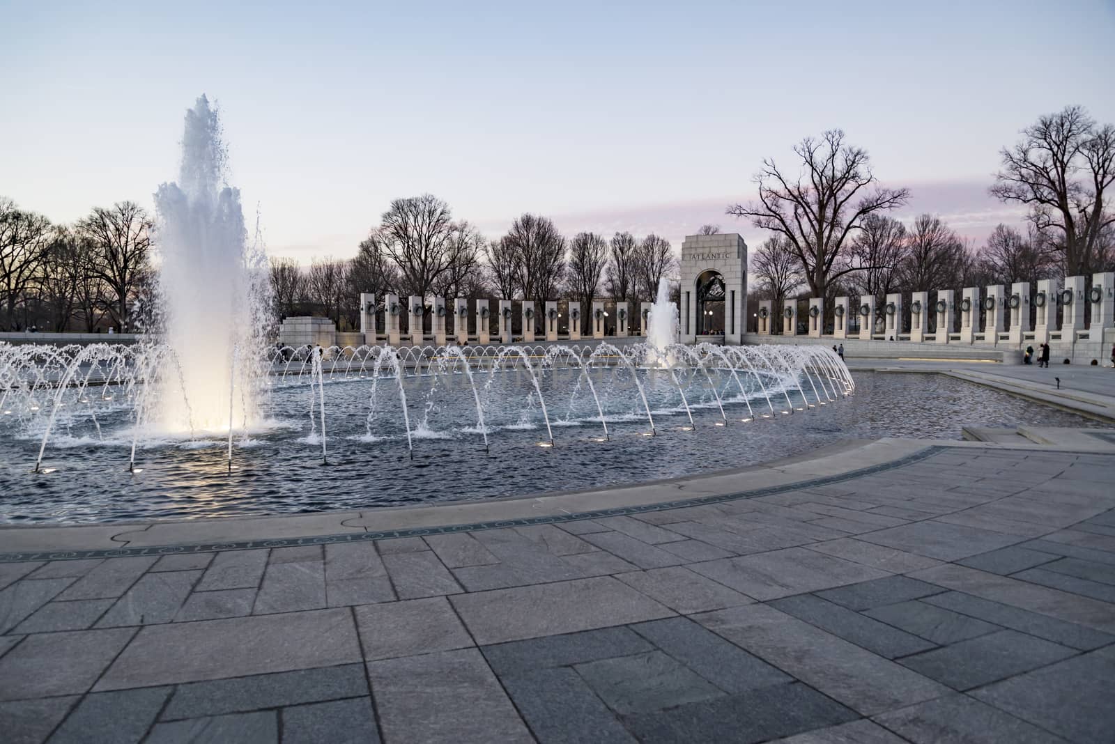 World War 2 Memorial at sunset during winter time in Washington DC