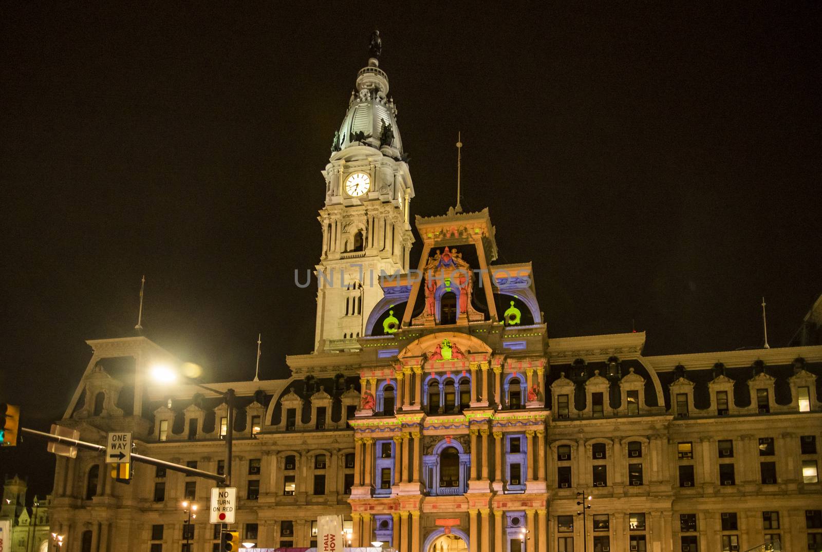 the famous Philadelphia city hall by night, Pennsylvania USA