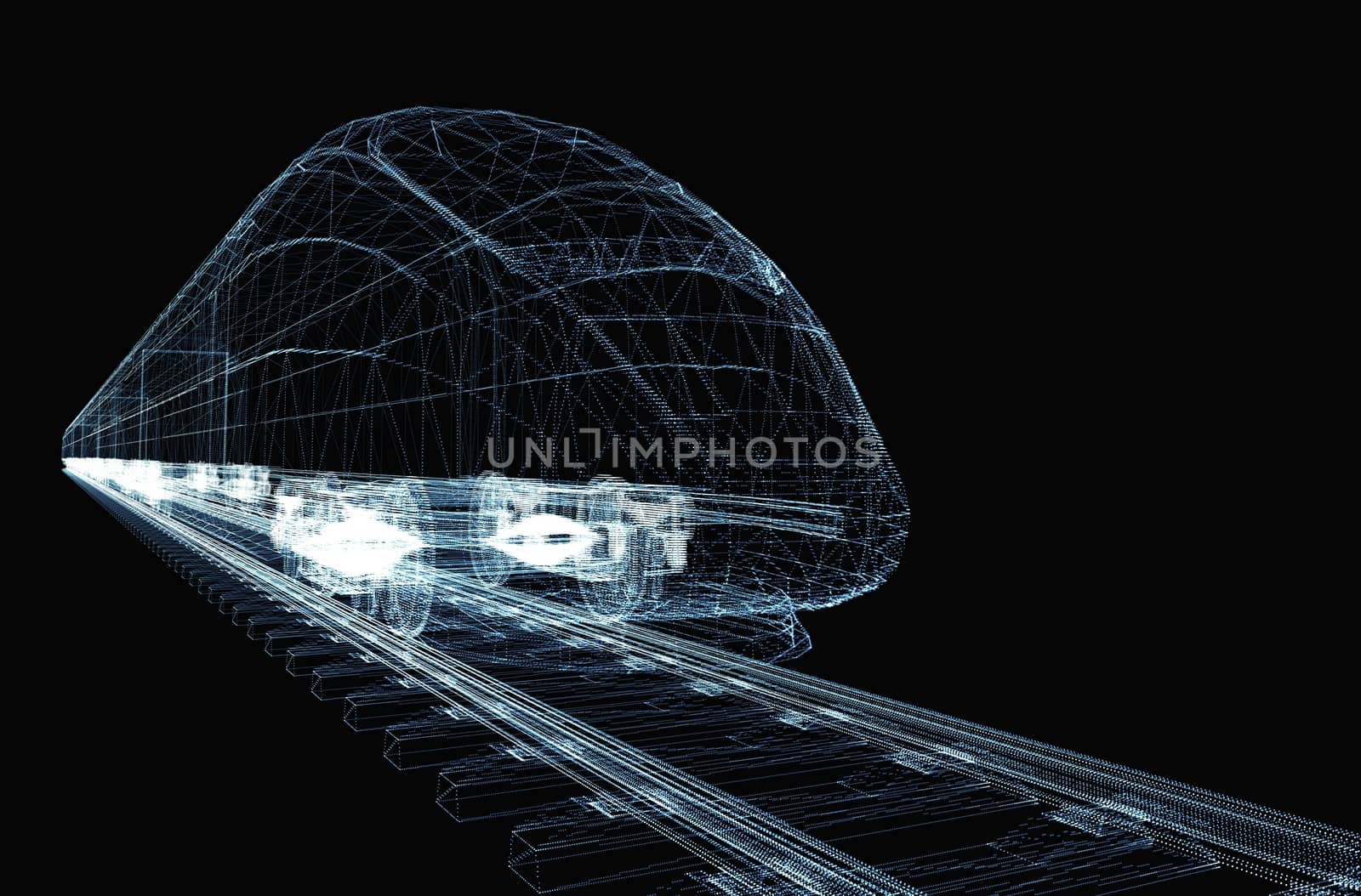 Abstract polygonal high-speed passenger train. Traveling concept. 3d illustration on black background. Digital wire-frame high-speed train