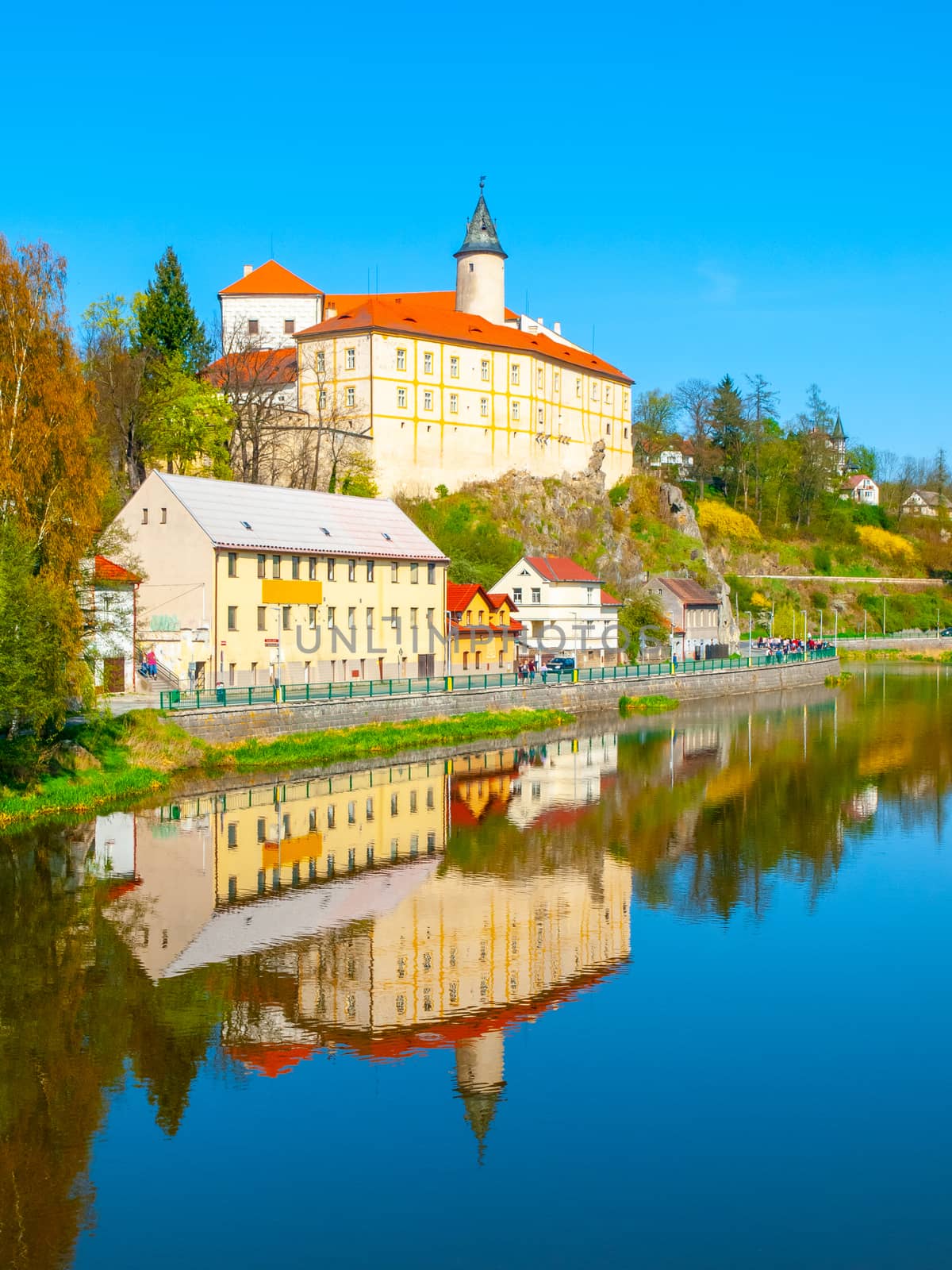 Medieval Castle Ledec nad Sazavou. Reflection in Sazava River, Czech Republic by pyty