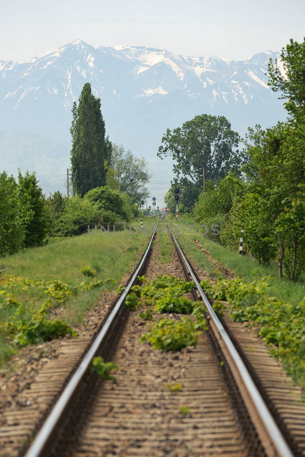 Straight railway and mountain in Brasov, Romania