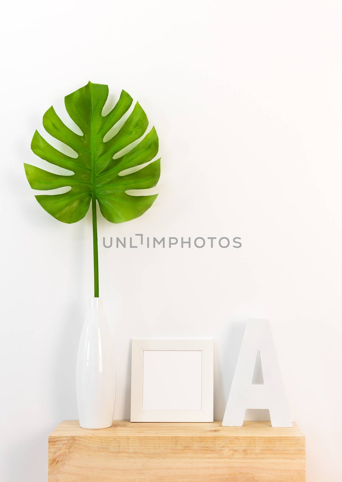 Elegant home decor with picture frame and tropical leaf by anikasalsera