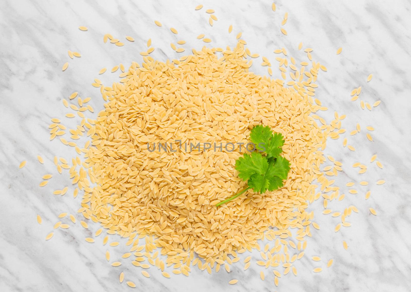 Orzo pasta with green coriander leaves, on marble background. Rice-shaped tiny pasta.