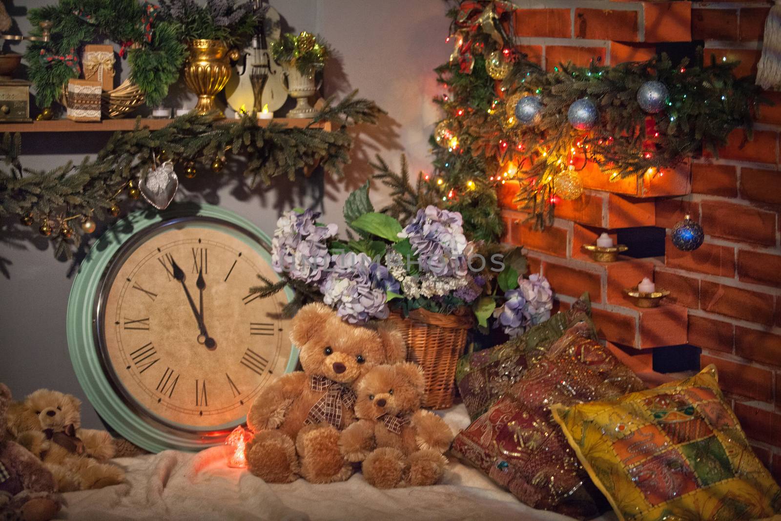 Christmas and New Year still life with toys and tree