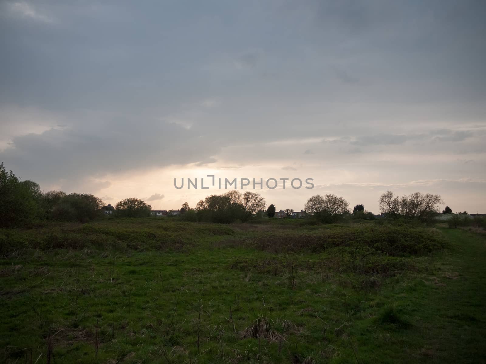 Sun setting over meadow spring green grass land nature background by callumrc