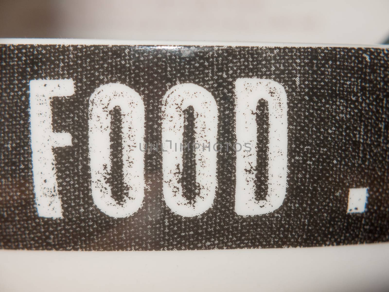 close up of side detail words lettering on side of bowl Food.; essex; england; uk