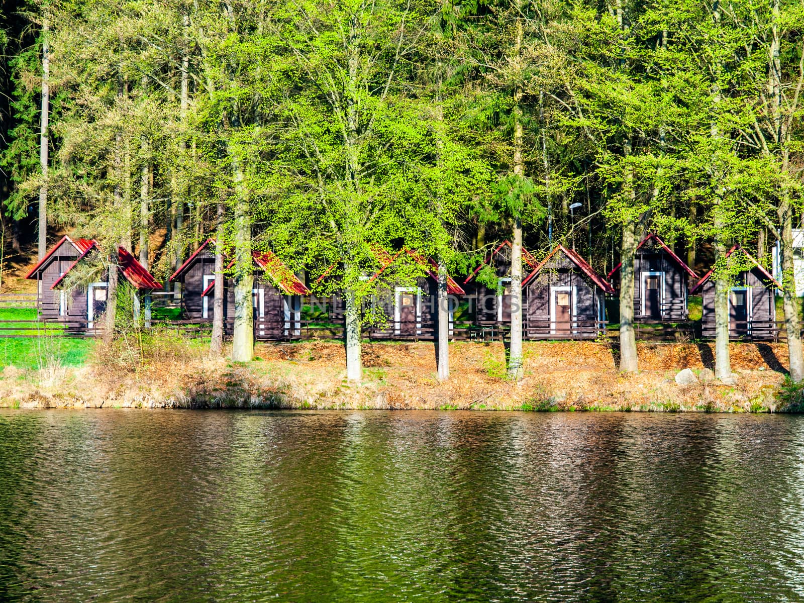 Small wooden forest cottages at the water.