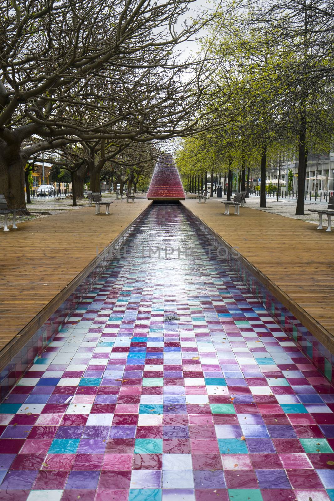 The fountains in  Alameda dos Oceanos in Lisbon, Portugal