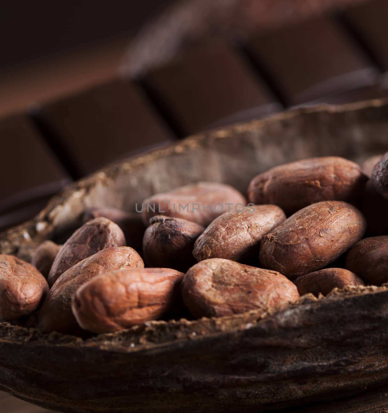 Cocoa pod on wooden background