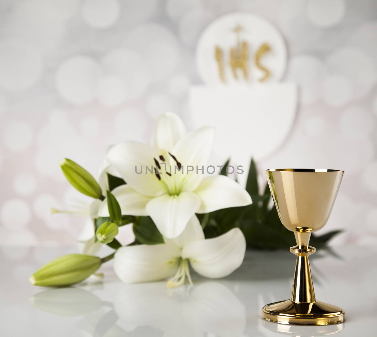 Holy communion a golden chalice with grapes and bread wafers by JanPietruszka