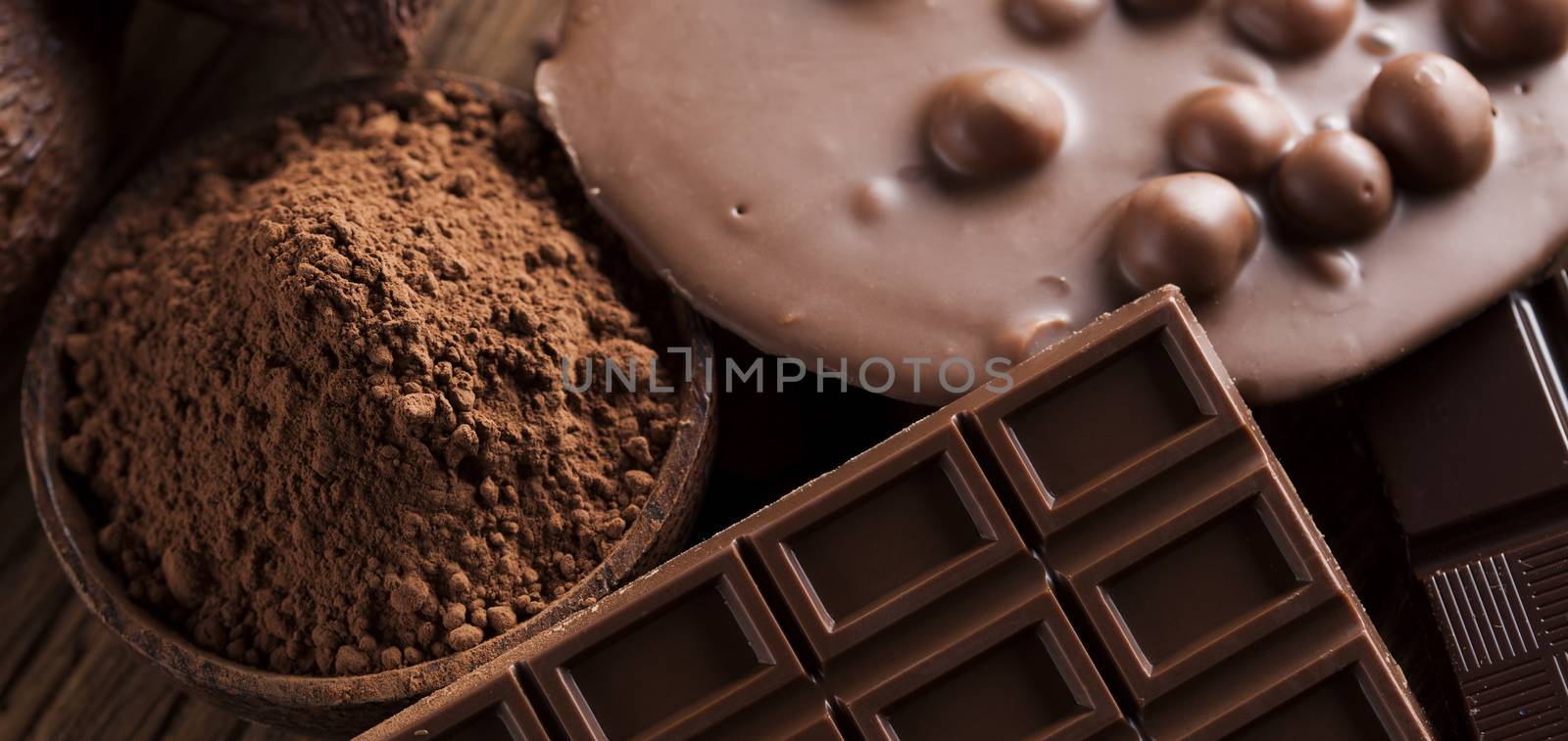 Cocoa pod and chocolate bar and food dessert background