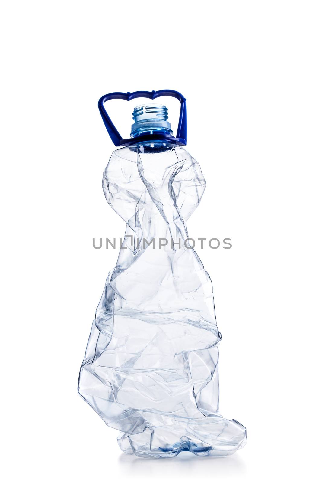 smashed empty plastic bottle, isolated on white background