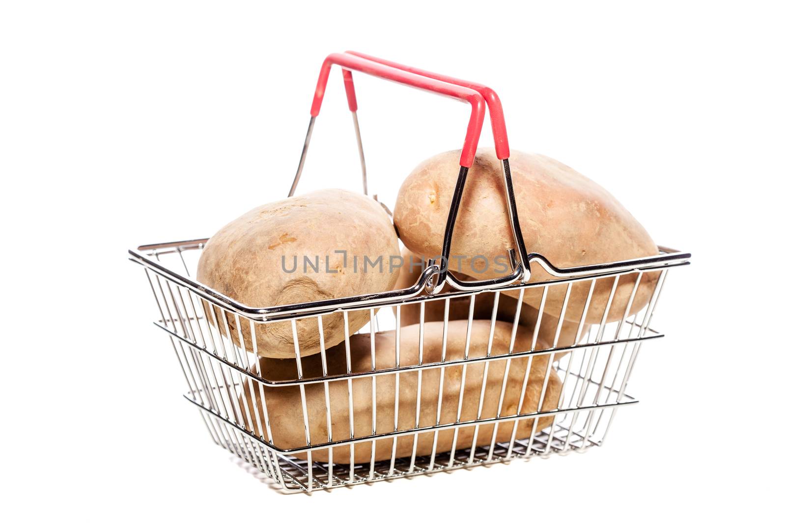 potatoes in a tiny metal shopping basket