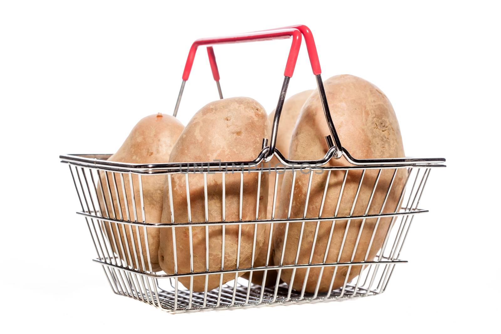 potatoes in a tiny metal shopping basket