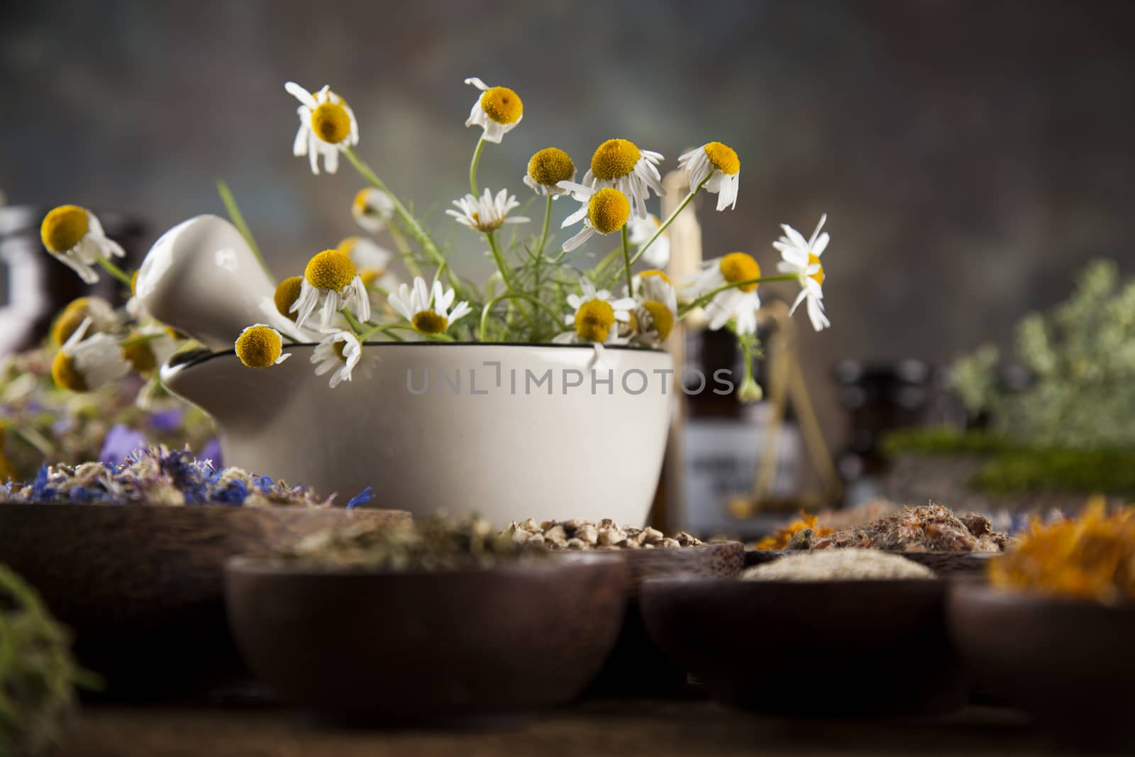 Healing herbs on wooden table, mortar and herbal medicine  by JanPietruszka