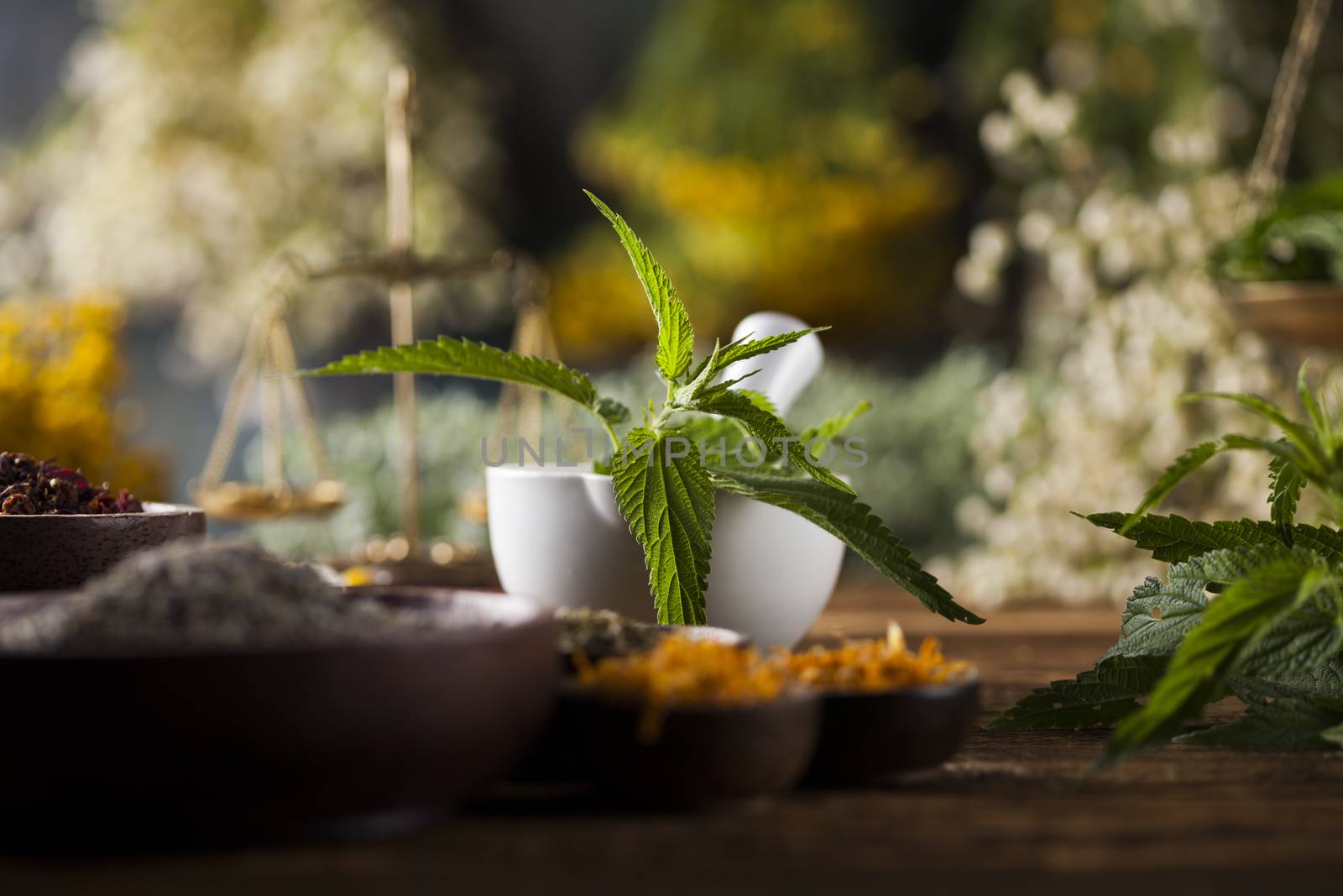 Herbs medicine,Natural remedy and mortar on vintage wooden desk  by JanPietruszka