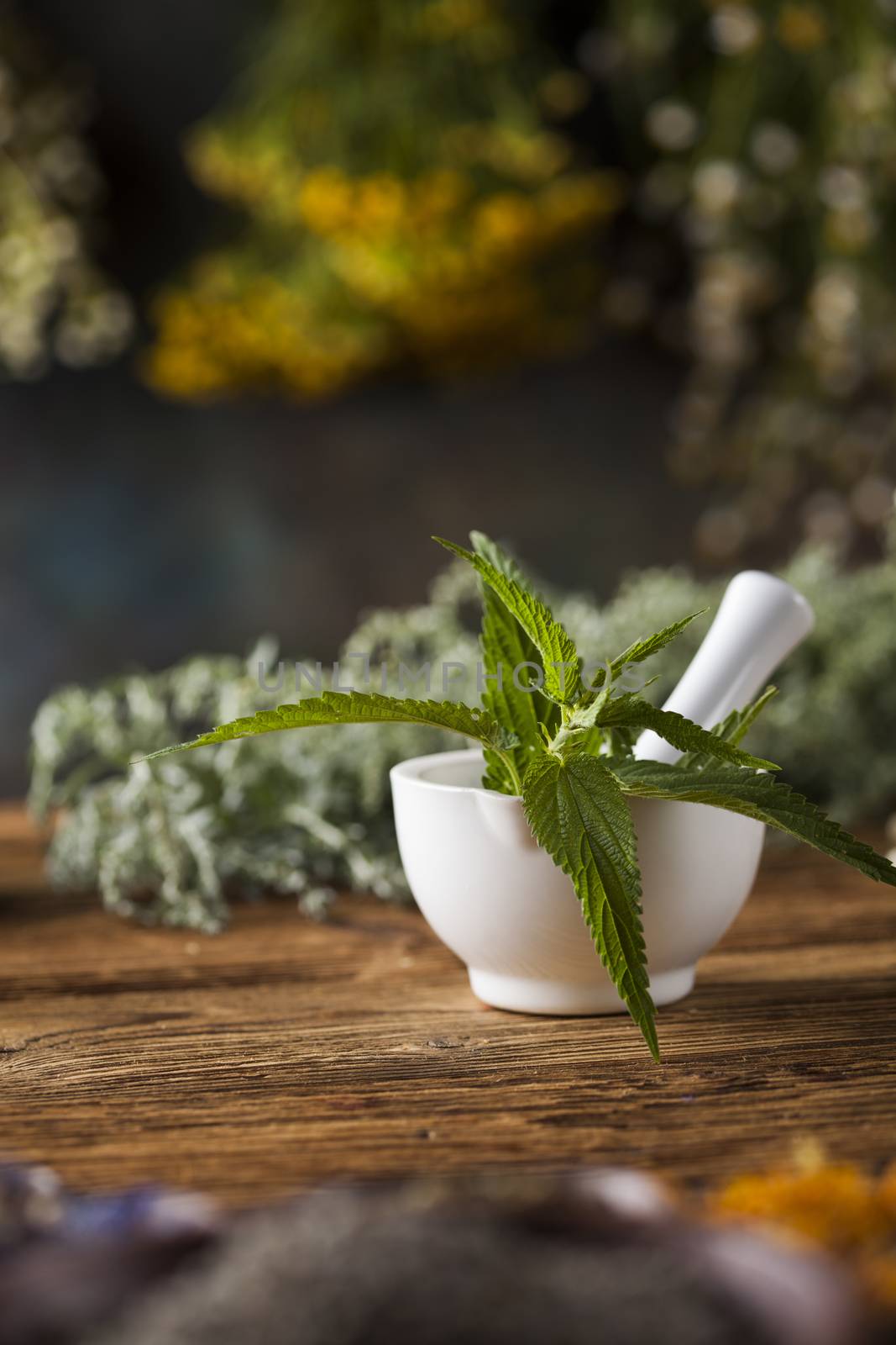 Herbs medicine,Natural remedy and mortar on vintage wooden desk  by JanPietruszka