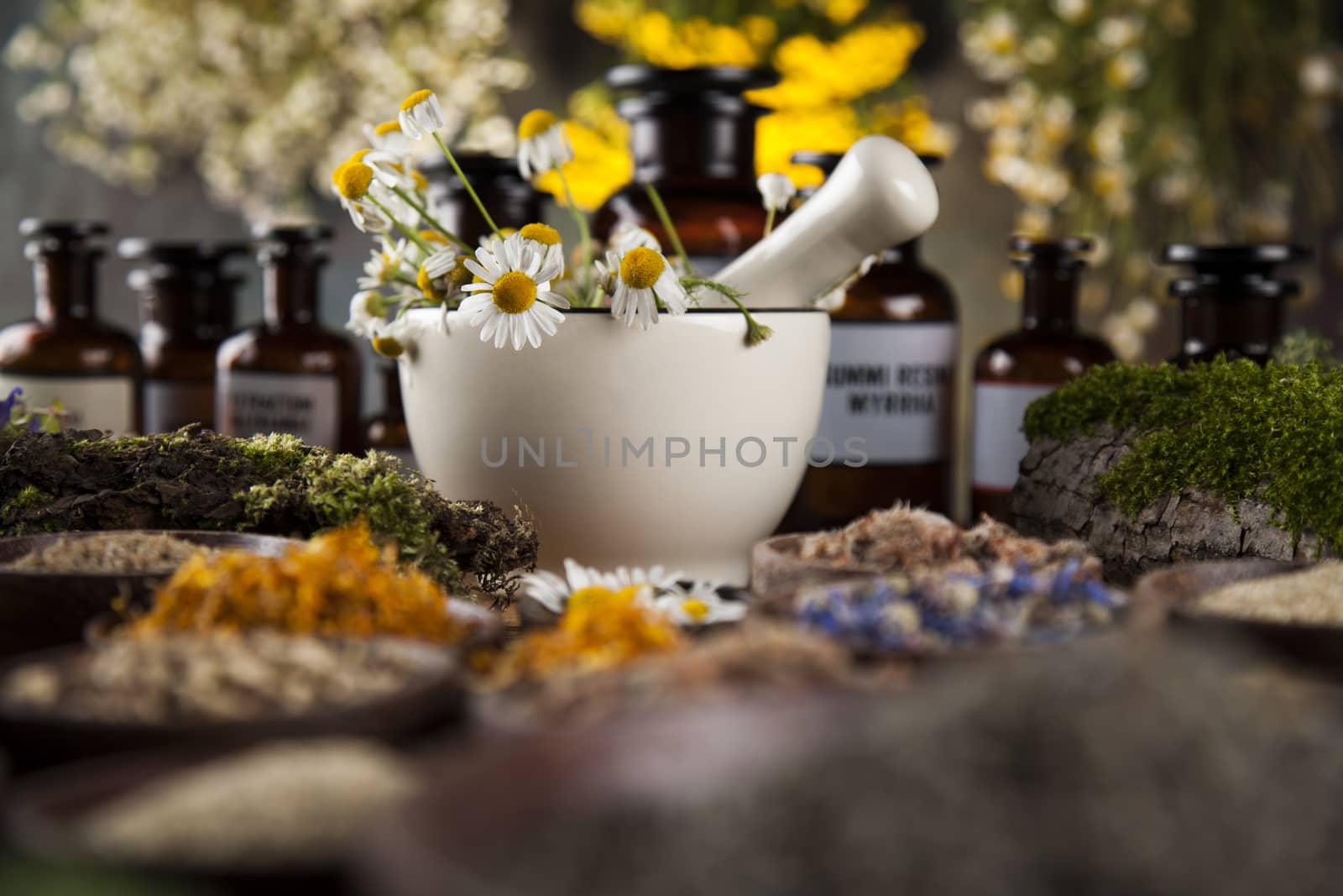 Herbs, berries and flowers with mortar, on wooden table background