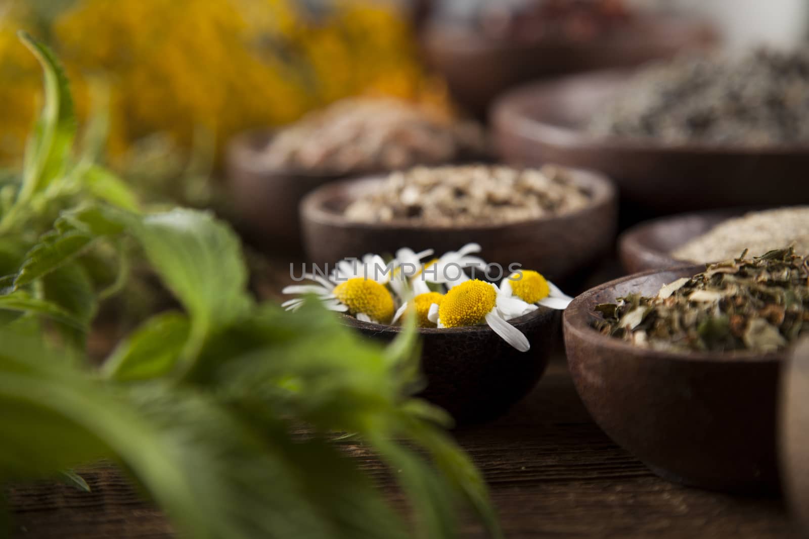 Natural medicine, herbs, mortar on wooden table background by JanPietruszka