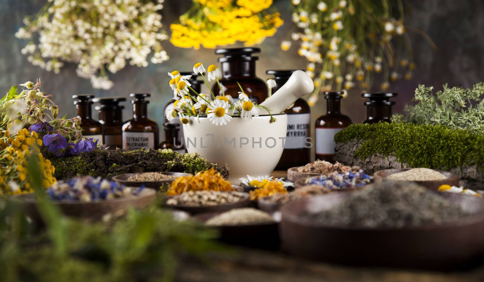 Natural medicine on wooden table background