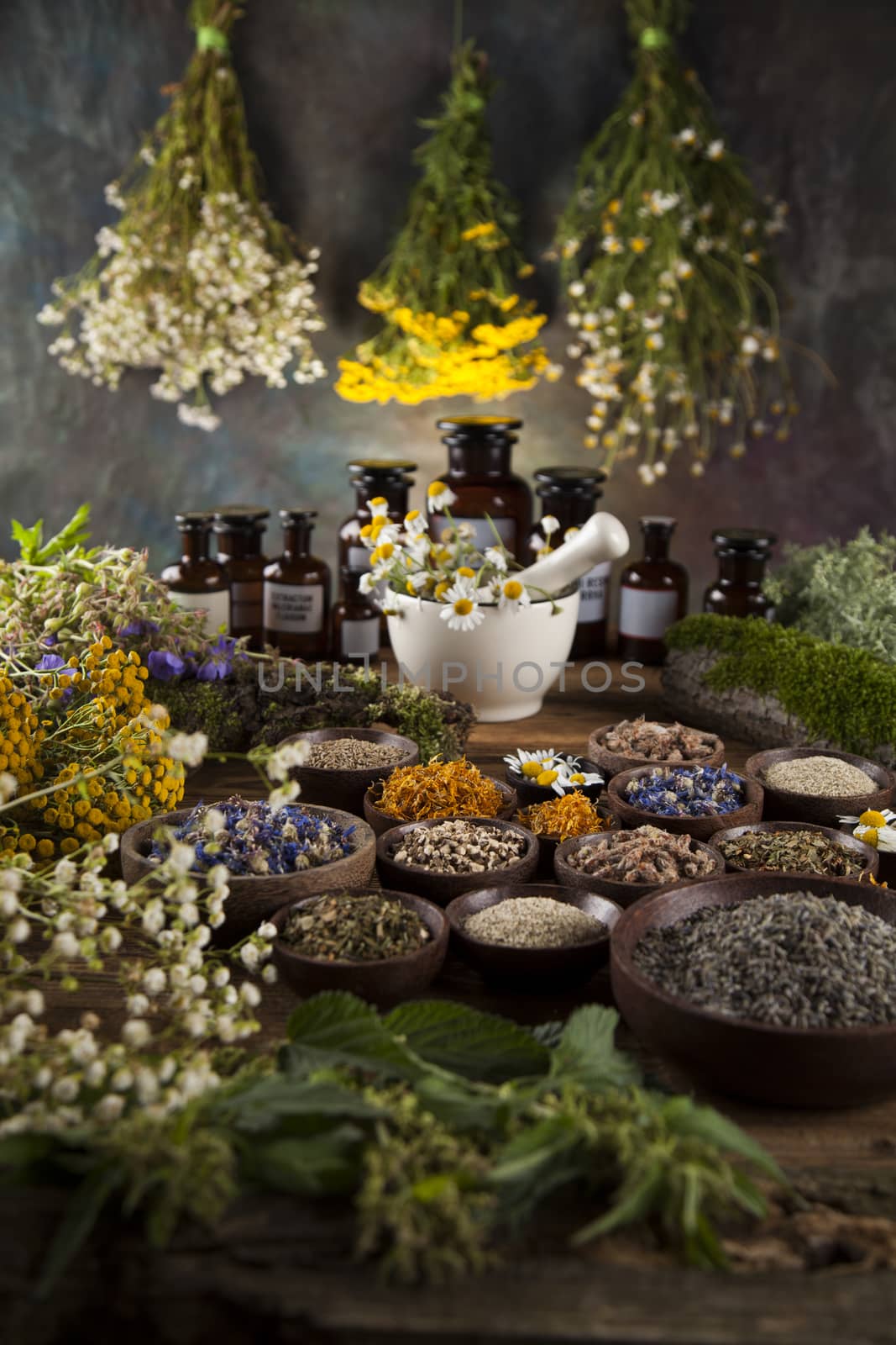 Herbs, berries and flowers with mortar, on wooden table backgrou by JanPietruszka