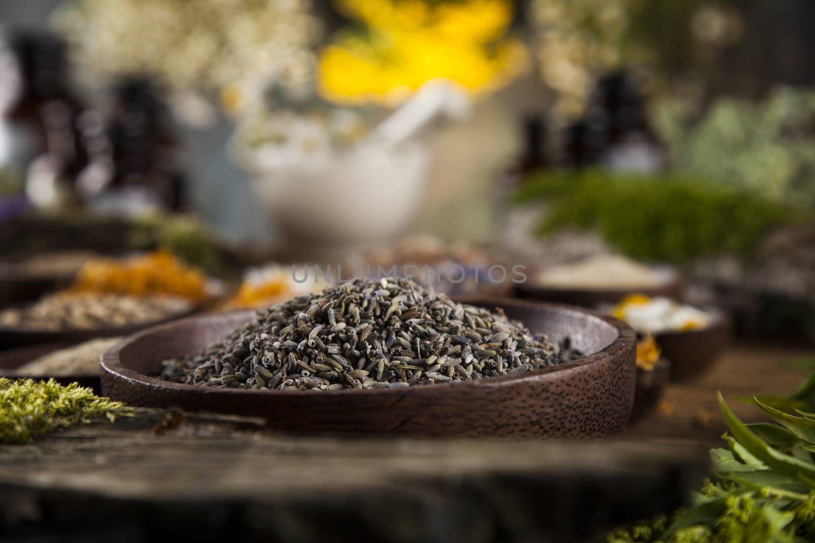 Alternative medicine, dried herbs and mortar on wooden desk back by JanPietruszka