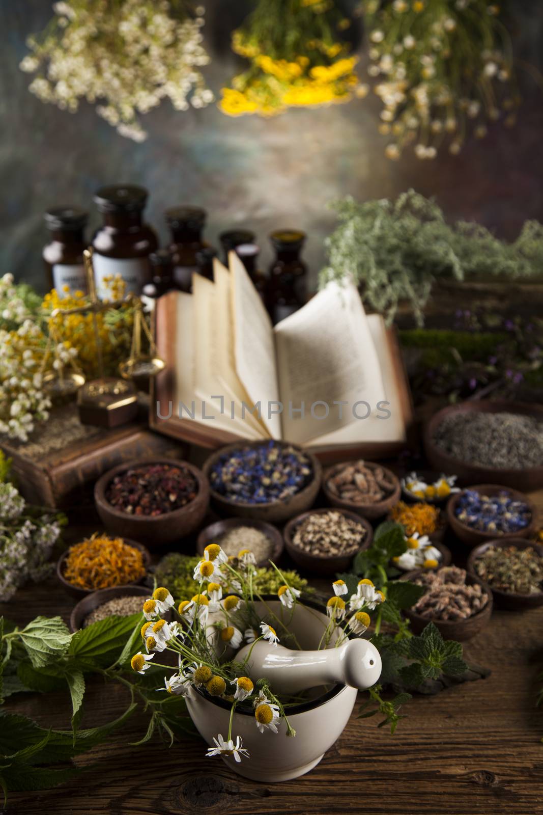 Herbal medicine and book on wooden table background by JanPietruszka