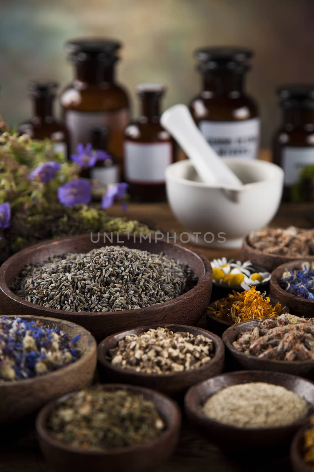 Healing herbs on wooden table, mortar and herbal medicine  by JanPietruszka