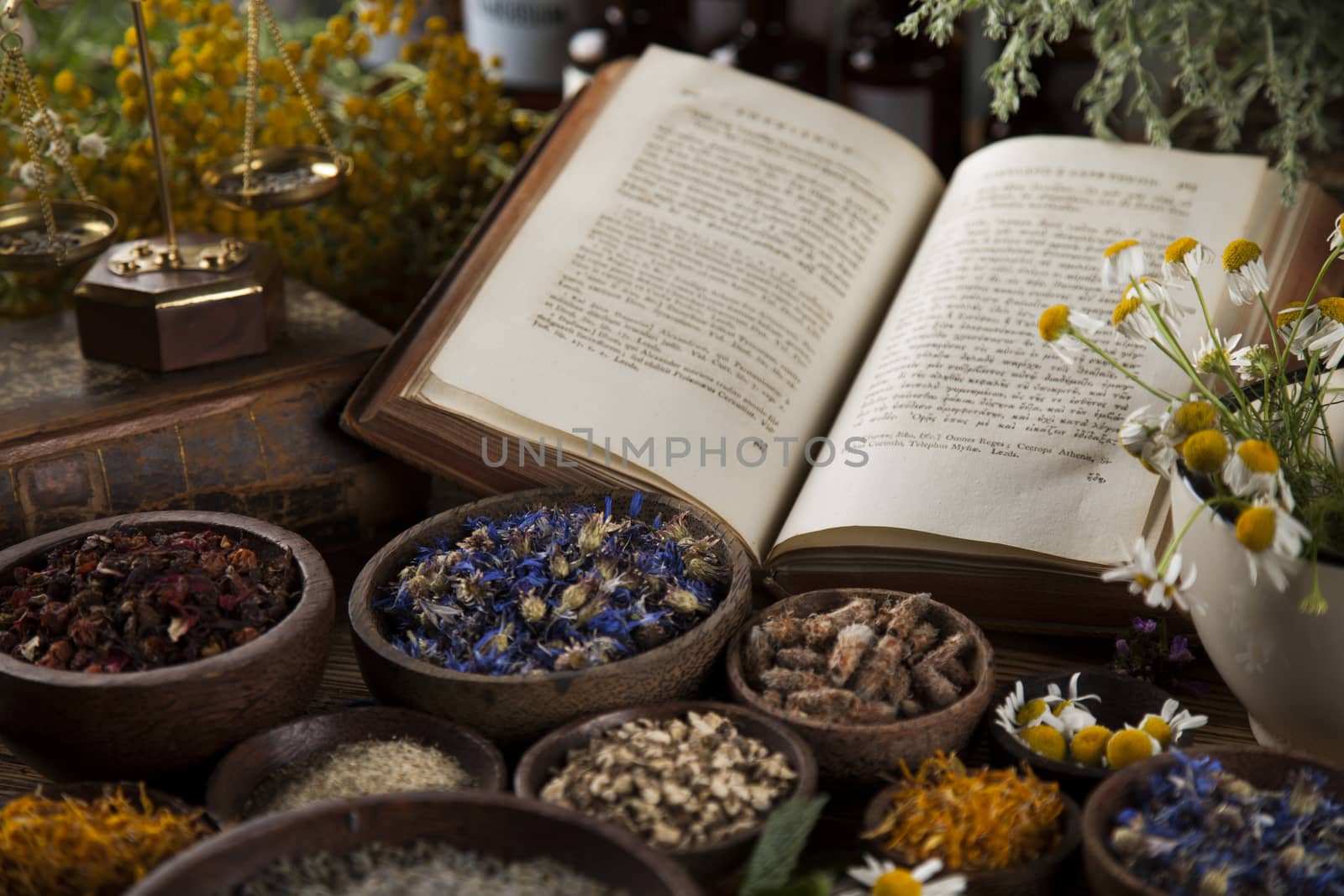 Herbal medicine and book on wooden table background by JanPietruszka