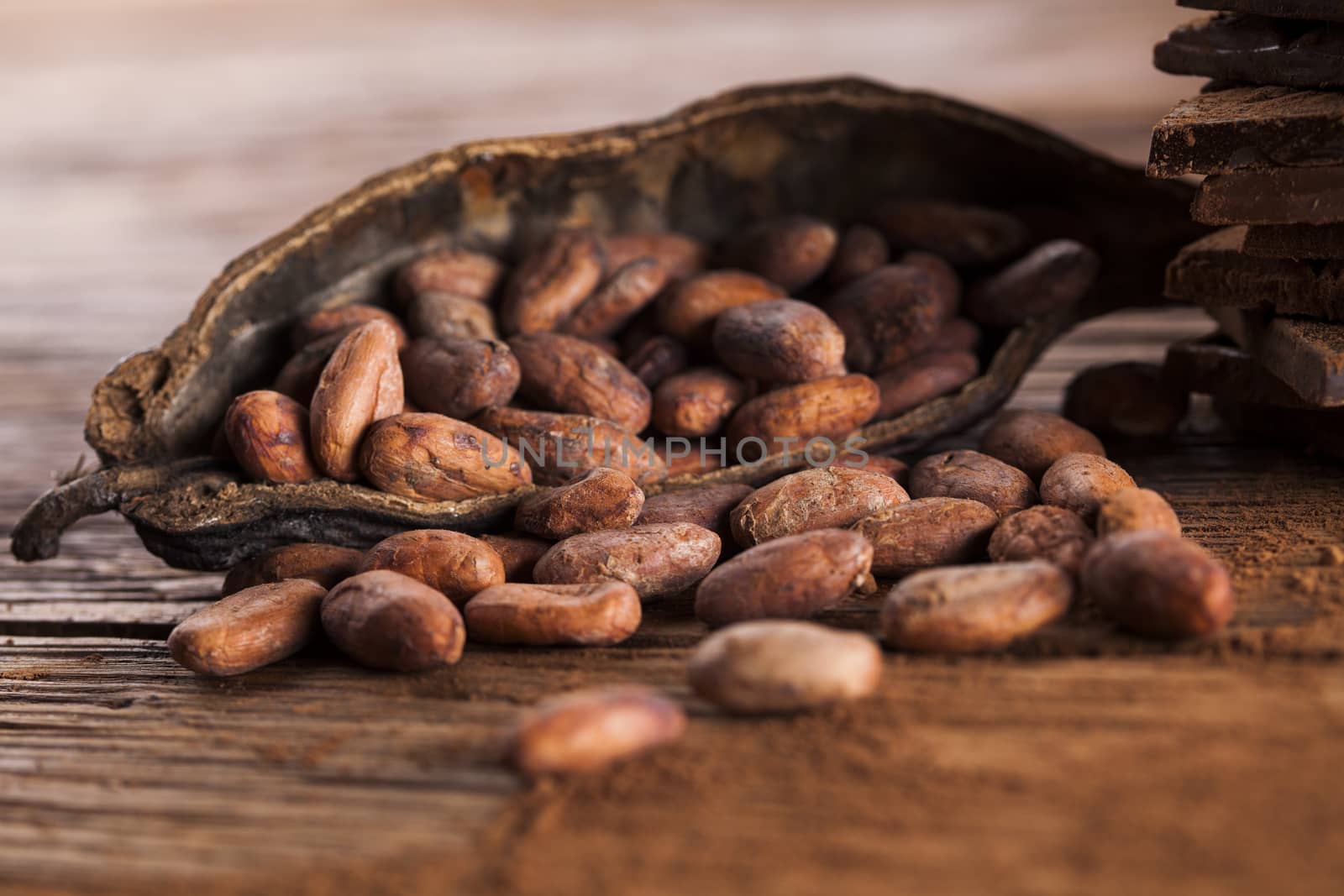 Cocoa pod and cocoa beans on the wooden table by JanPietruszka