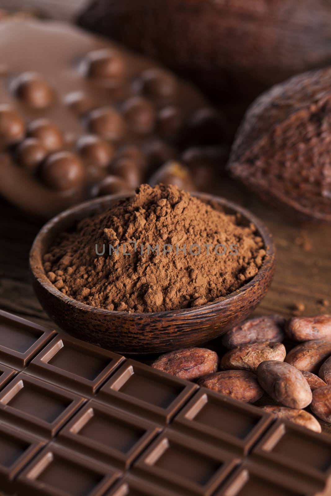 Cocoa pod and chocolate bar and food dessert background