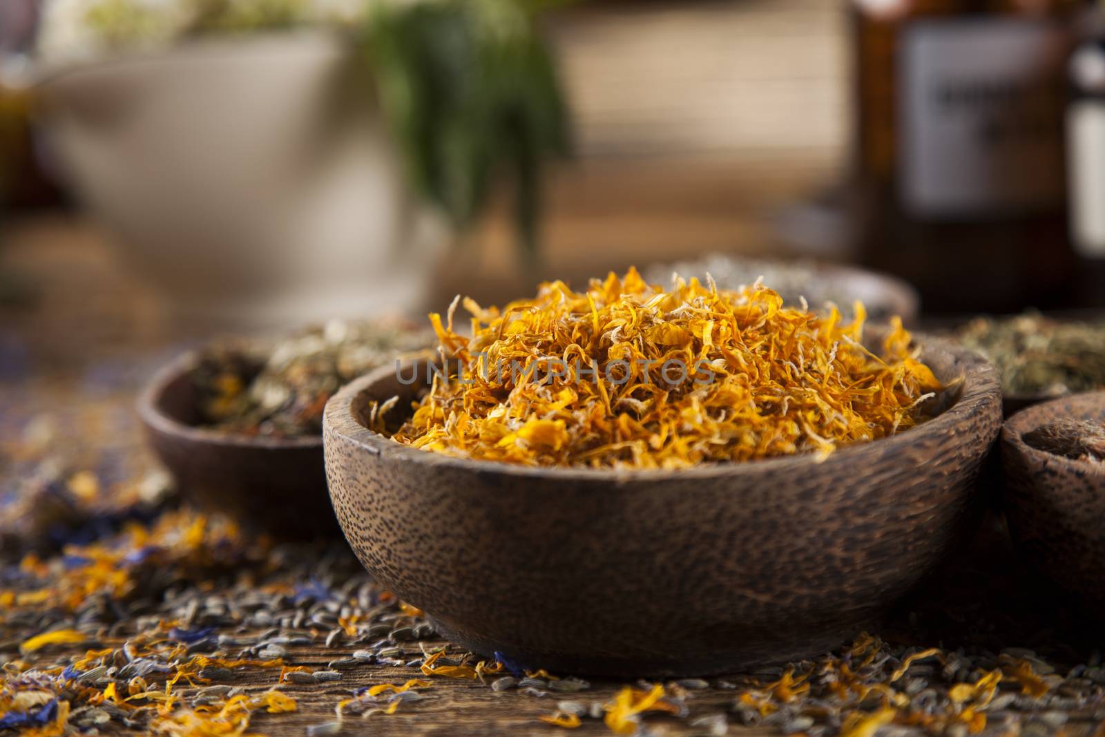 Herbal medicine on wooden desk background