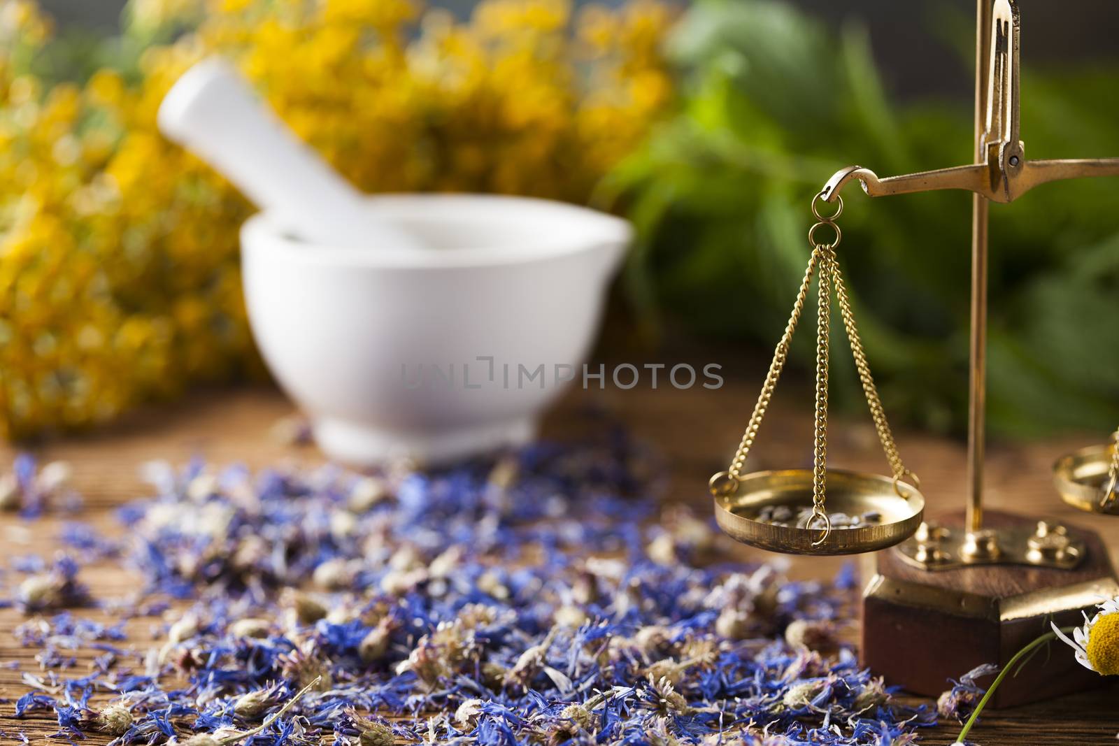 Herbal medicine on wooden desk background by JanPietruszka