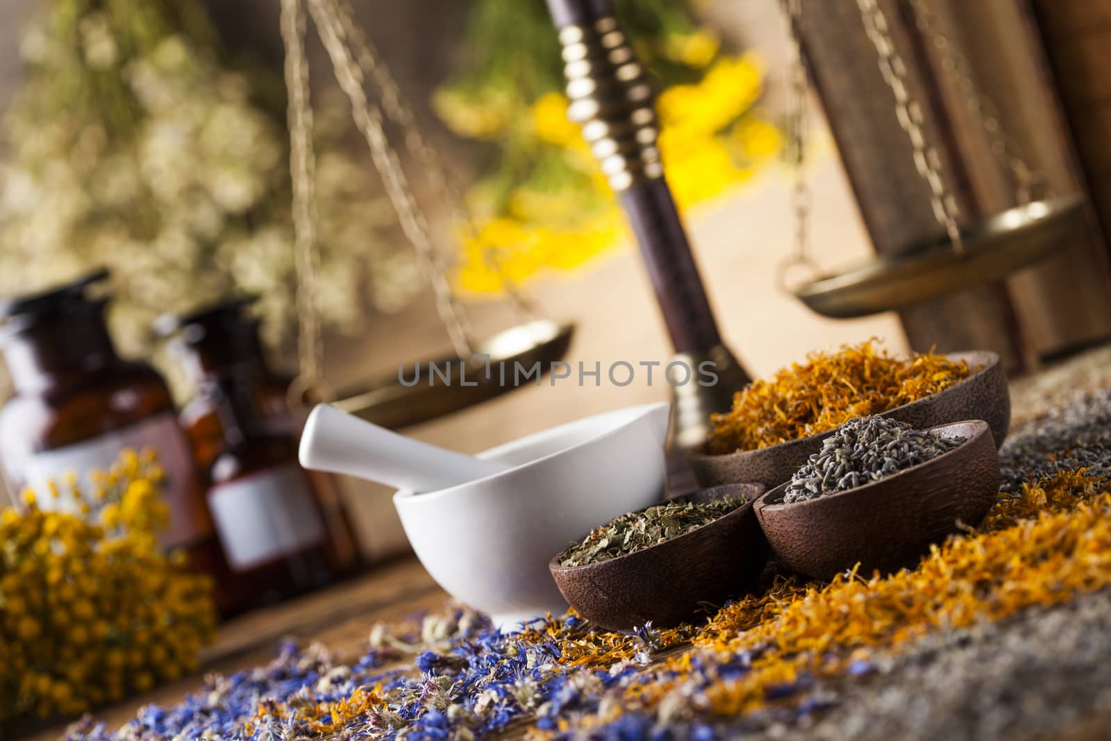 Natural medicine on wooden table background