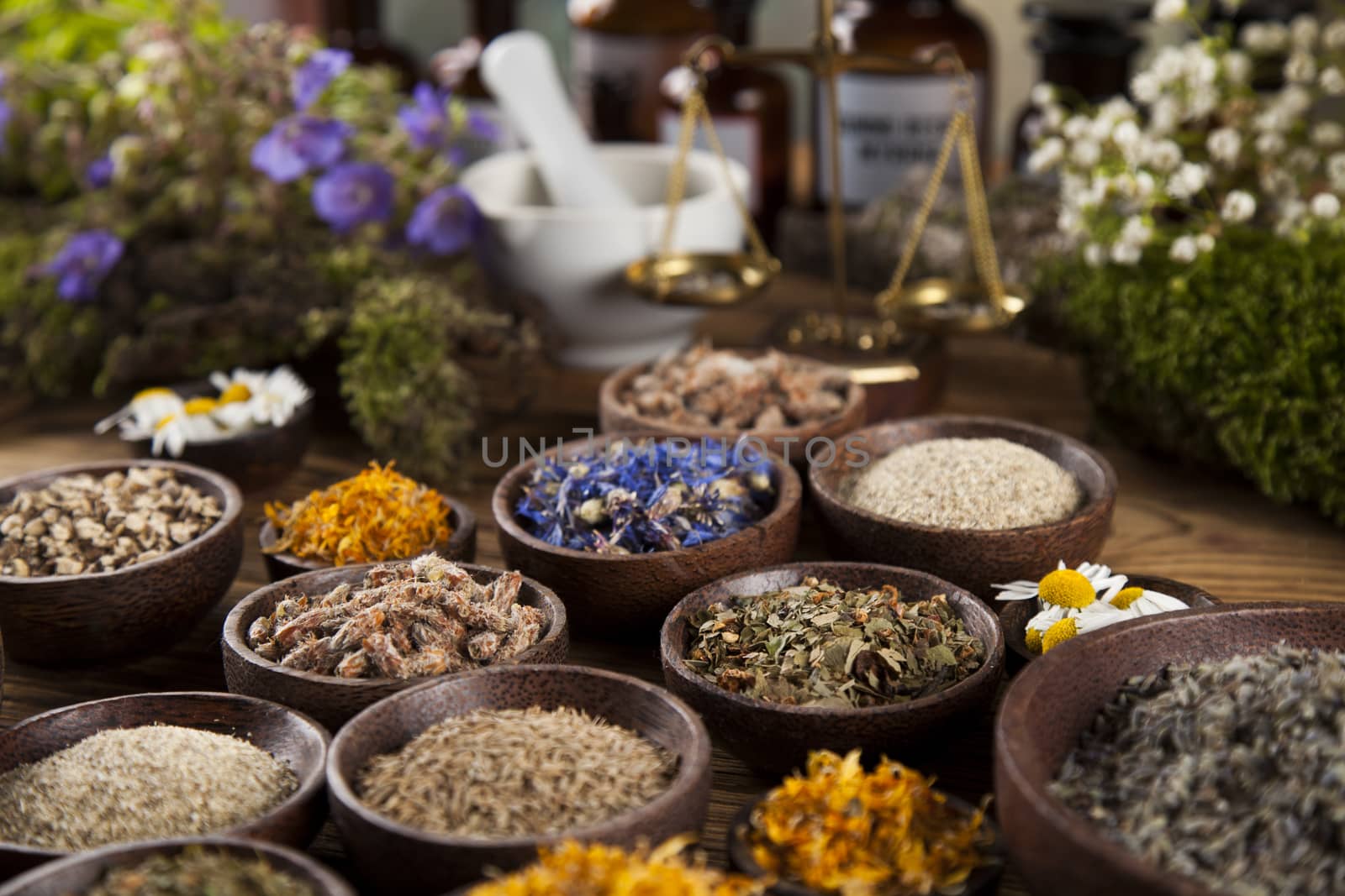 Healing herbs on wooden table, mortar and herbal medicine  by JanPietruszka