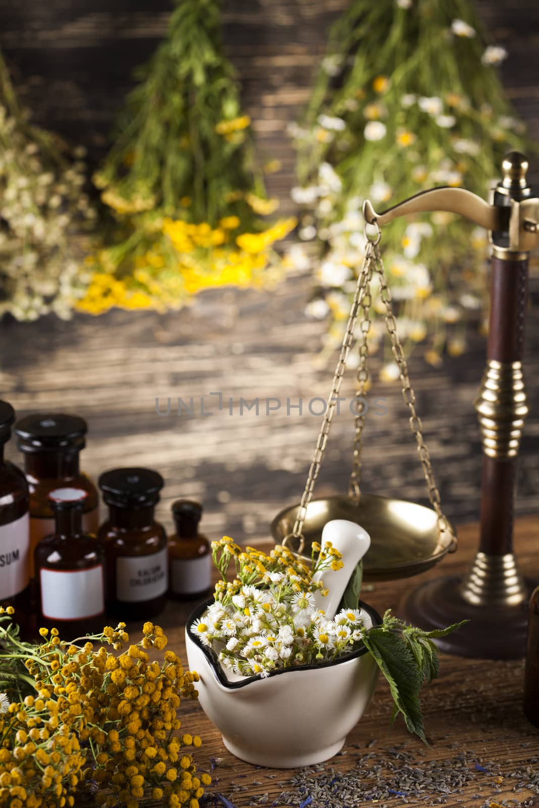 Natural medicine on wooden table background