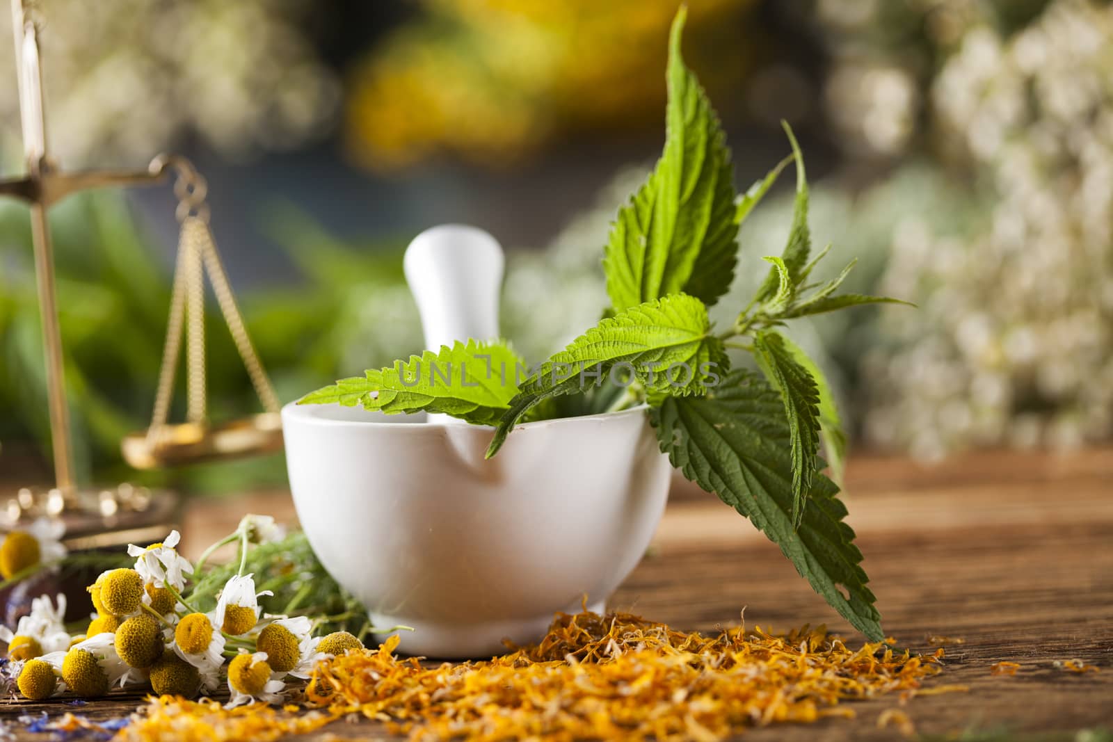 Natural medicine on wooden table background