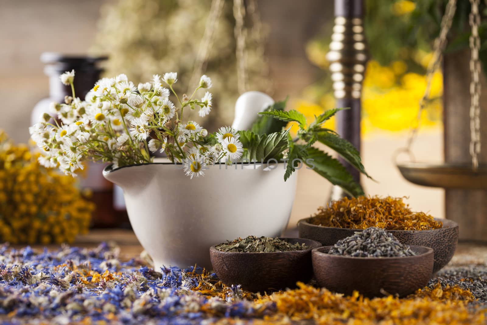 Natural medicine on wooden table background