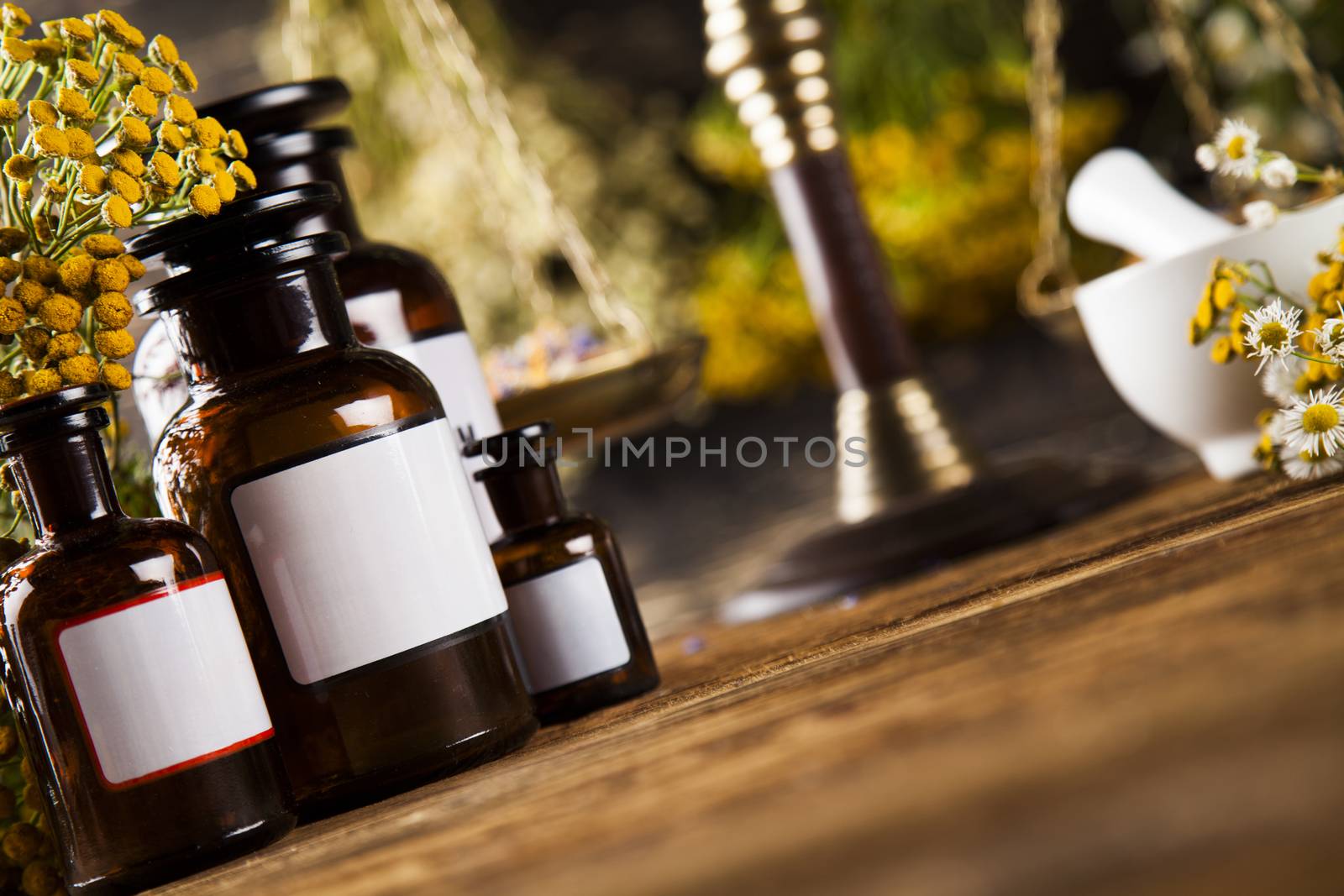 Medicine bottles and herbs background by JanPietruszka
