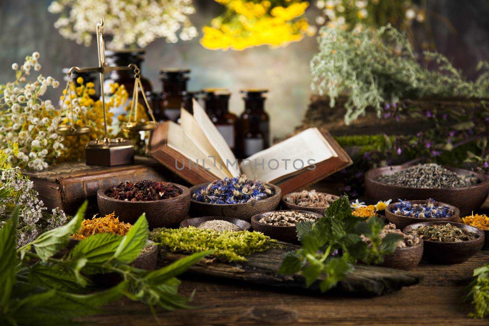 Herbal medicine on wooden desk background by JanPietruszka