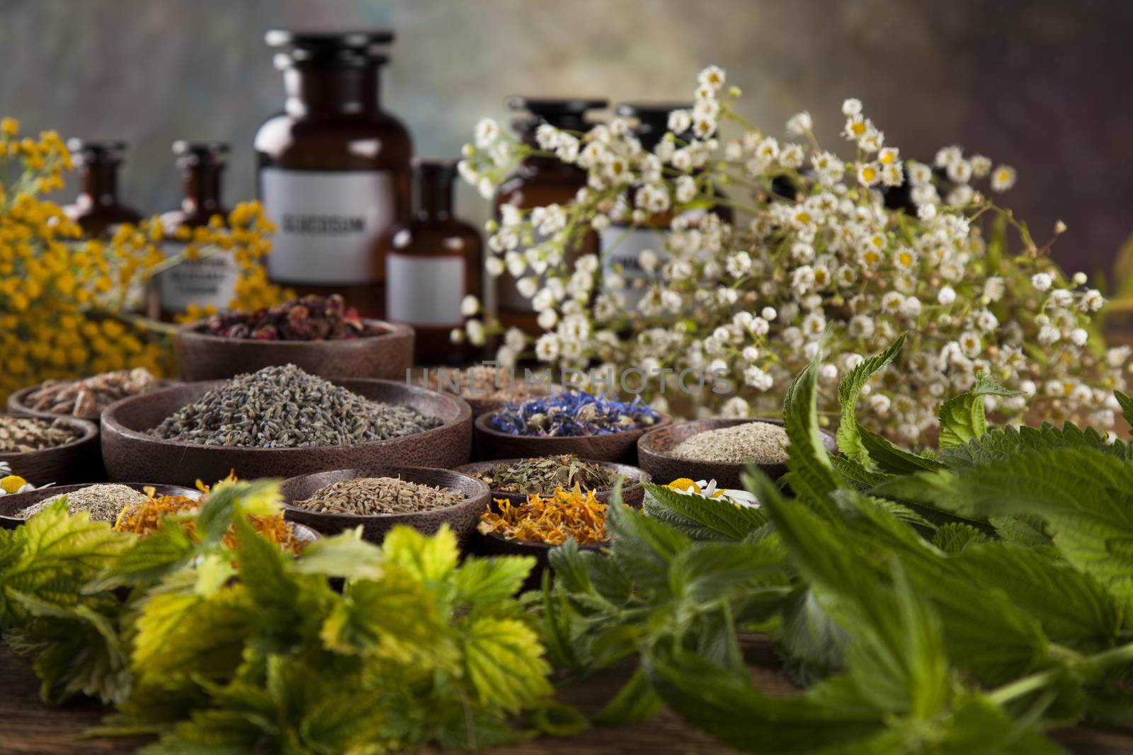 Alternative medicine, dried herbs and mortar on wooden desk back by JanPietruszka