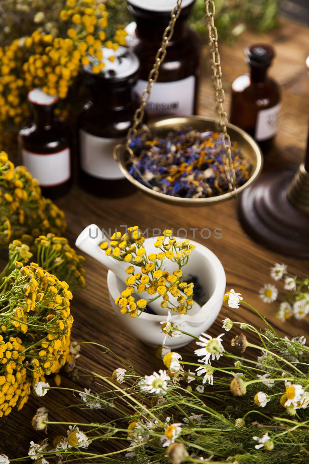 Herbal medicine on wooden desk background by JanPietruszka