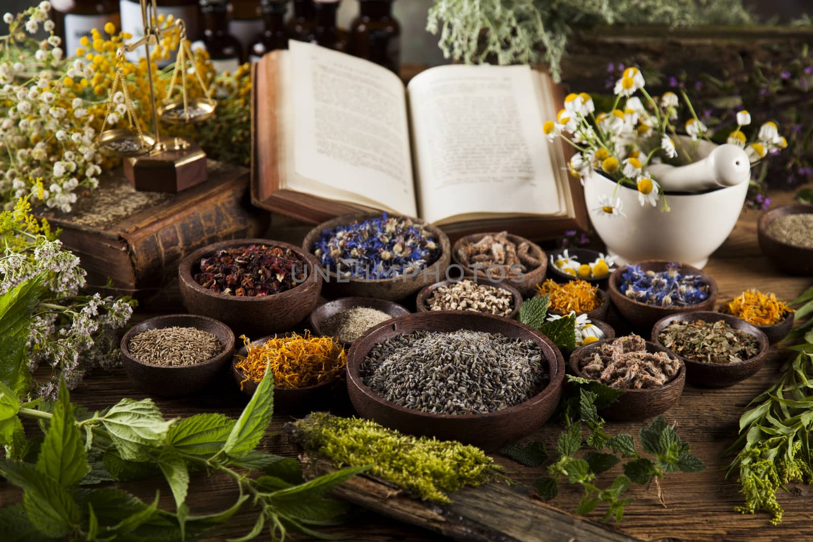 Book and Herbal medicine on wooden table background by JanPietruszka