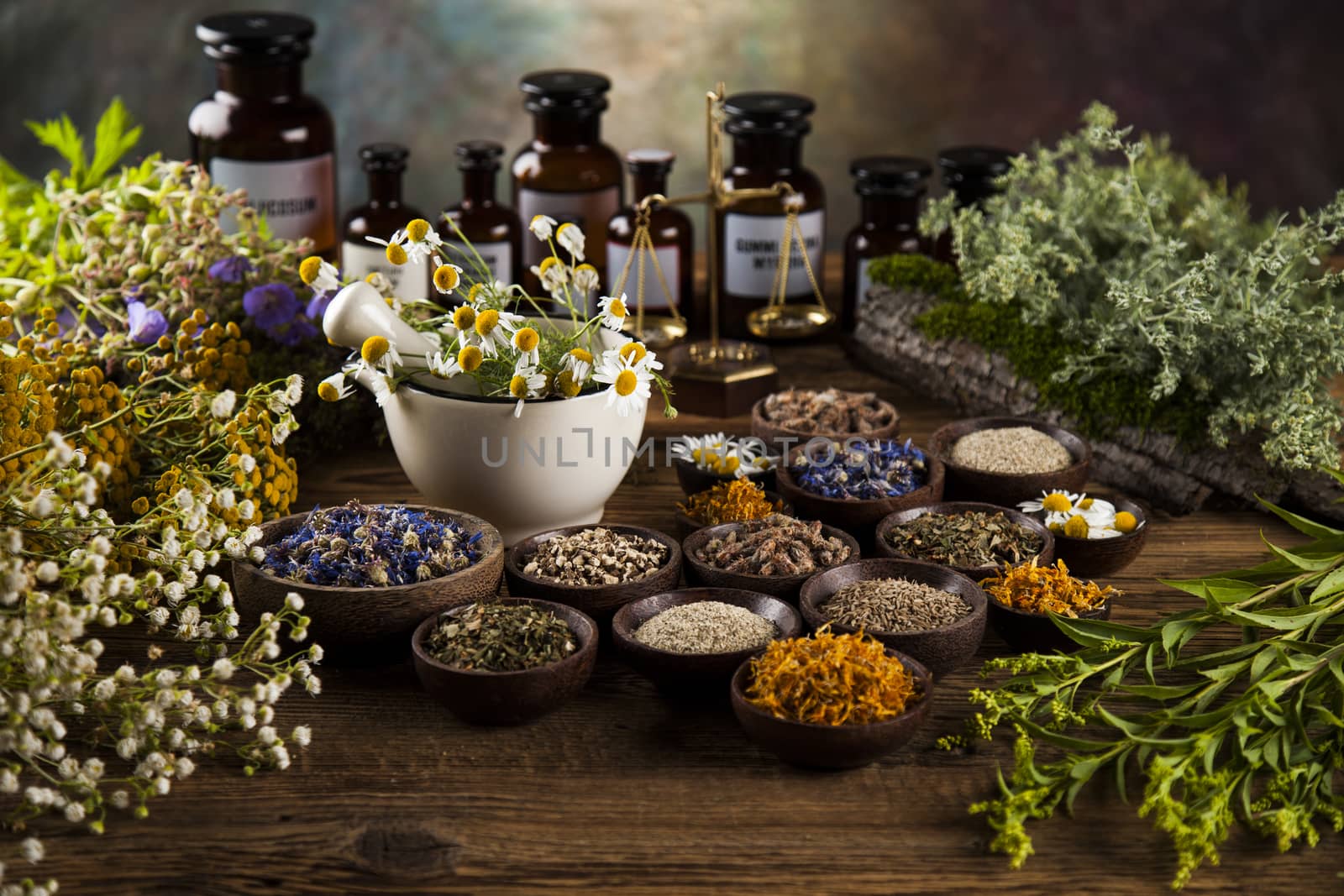 Natural medicine on wooden table background