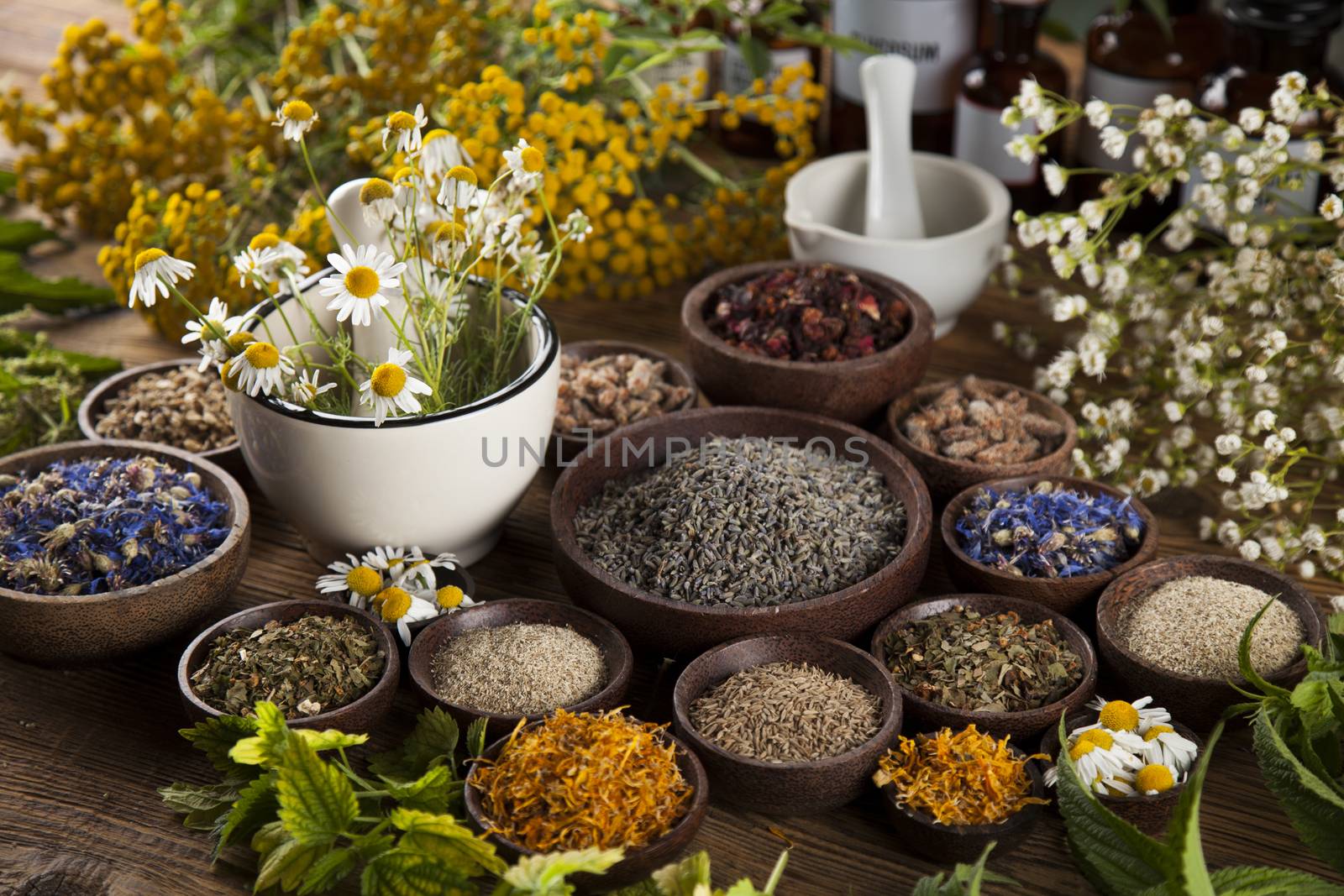 Natural medicine, herbs, mortar on wooden table background