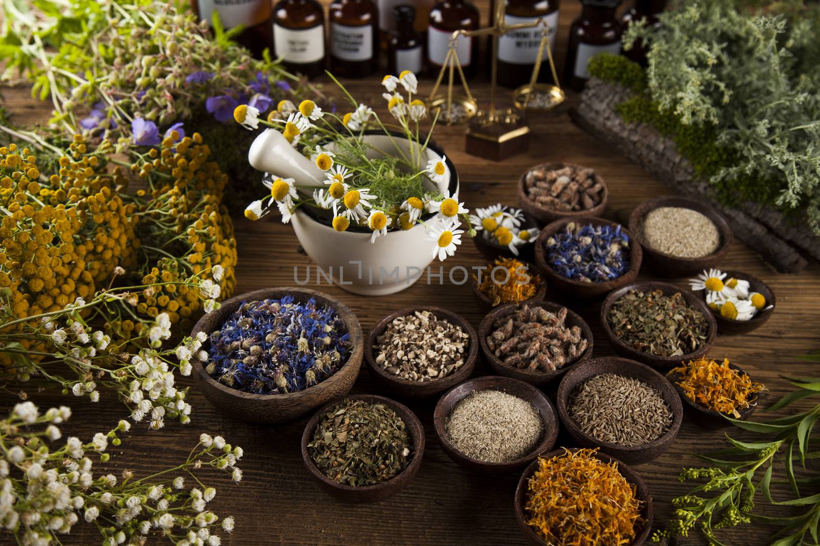 Healing herbs on wooden table, mortar and herbal medicine  by JanPietruszka